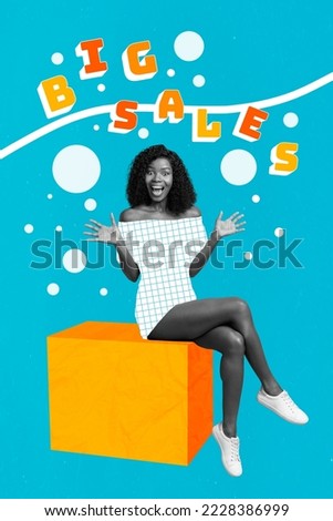 Composite collage image of excited happy cheerful young woman sitting cube big sale text shopper shopping discount advertisement banner
