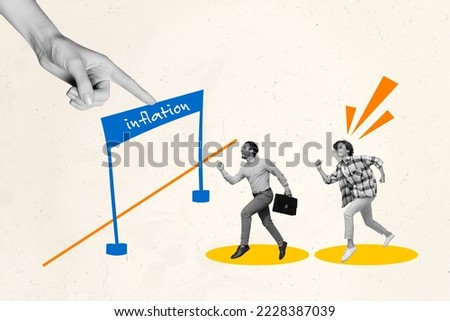 Creative collage photo illustration of excited funny positive man woman run together to finish inflation isolated on checkered background