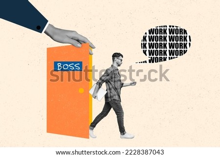 Collage photo of boss go out office doors hold netbook after conference target work more for more profit money isolated on white color background Royalty-Free Stock Photo #2228387043