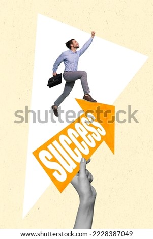 Vertical creative collage photo illustration of successful purposeful guy run up arrow career achieve isolated on beige color background