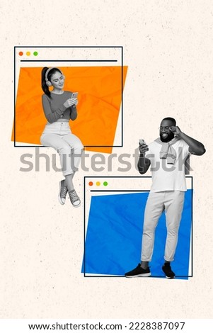 Vertical collage image of two positive people black white colors use telephone chatting communicate isolated on creative background