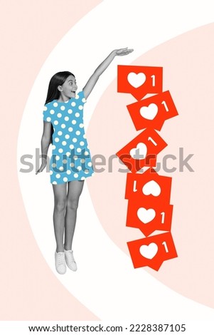 Vertical collage picture of excited small girl black white gamma jump hand measure height like notification pile stack