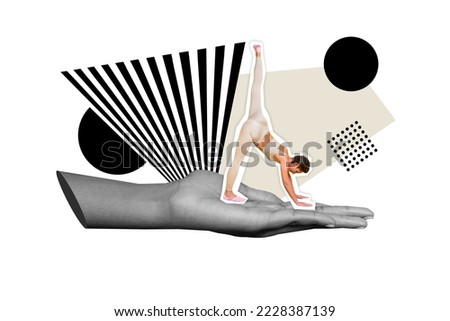 Composite collage image of big hand black white effect hold sportive girl stretching practicing yoga isolated on drawing background