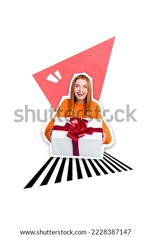 Photo cartoon comics sketch picture of exited impressed lady getting present box isolated drawing background