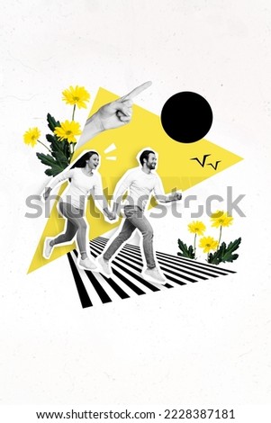 Vertical collage picture of two people black white colors hold arms running painted flowers huge hand finger indicate direction
