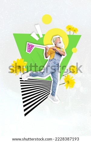 Vertical collage picture of aged positive excited person hands hold butterfly net isolated on creative drawing background