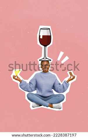 Vertical collage image of positive girl sitting crossed legs meditate huge wine glass head isolated on painted pink background