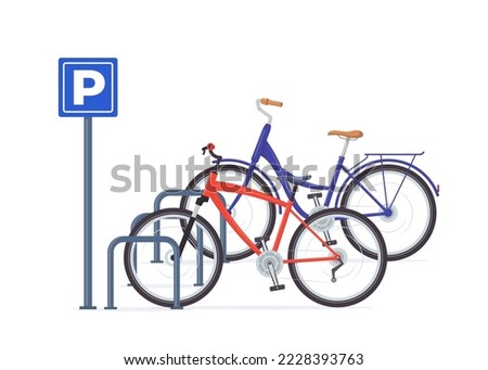 Bicycle parking. Modern bicycles at parking sign. Vector illustration