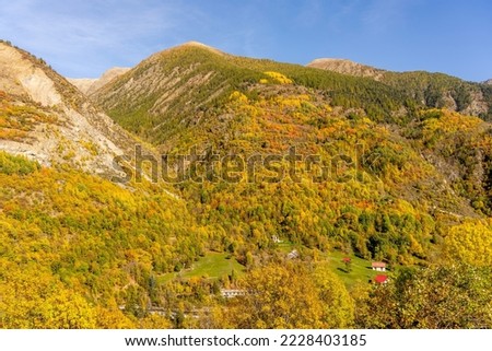 Colorful autumn landscape in the mountain village. French Alps in the autumn, Europe. High quality photo