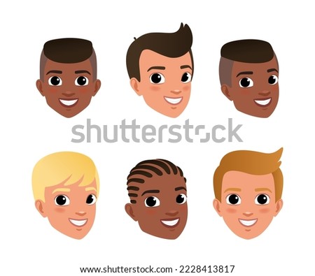 Boys faces set. Smiling boys characters creation, constructor for animation cartoon vector illustration Royalty-Free Stock Photo #2228413817