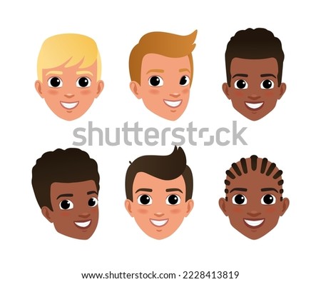 Cute boys faces set. Smiling boys characters constructor for animation cartoon vector illustration Royalty-Free Stock Photo #2228413819