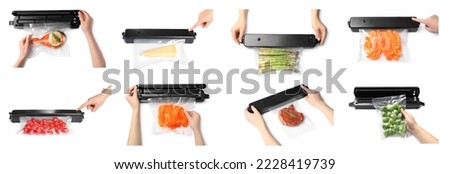 Collage with photos of women using sealer for vacuum packing with plastic bags and different products. Banner design Royalty-Free Stock Photo #2228419739