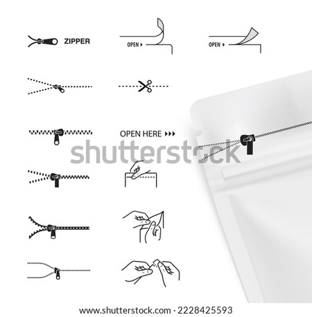 A set of icons for zippers and scissors. Set for packs, shows the place of opening. EPS10.	 Royalty-Free Stock Photo #2228425593
