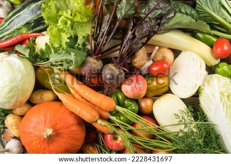 Abundance of vegetable, fruit food collection of onion, apple, pumpkin, cabbage carrot, pepper, tomato, garlic and potato. Homegrown produce, farm product and organic consumption. Full frame, top view Royalty-Free Stock Photo #2228431697