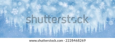 Winter landscape, trees, snowfall and snowflakes, panoramic view, vector illustration