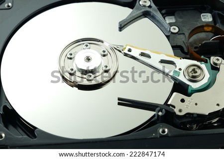 close up inside hard disk drive.