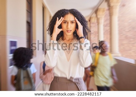 Black woman, teacher and headache stress at school, academy or learning campus with blurred background. Africa woman, portrait and pain for mental health, burnout or tired in education workplace