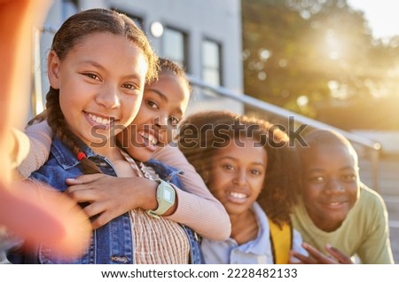 Girls, boy and bonding diversity selfie on community school, education or learning campus social media, about us or memory. Portrait, smile and happy children, students or friends in photography pov