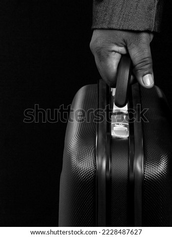 businessman holding suitcase on white background with people stock photo