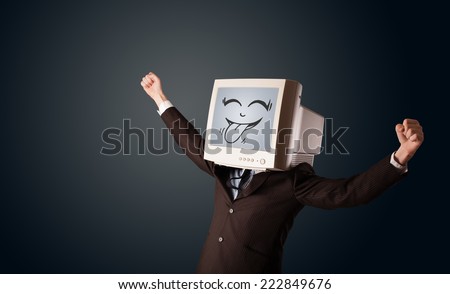 Happy business man with a computer monitor screen and a smiley face