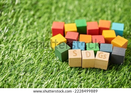 SDG symbols and a wooden cube stamped with the letters SDGs. Royalty-Free Stock Photo #2228499889