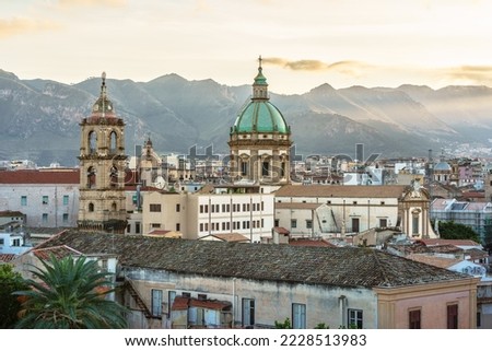 Palermo cityscape, Sicily, Italy.  Outstanding over the lower buildings there is a 17th century Baroque-style Chiesa del Gesù Royalty-Free Stock Photo #2228513983