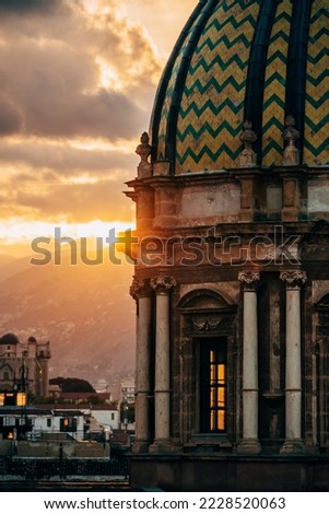 Cupola against the sky at sunset. San Giuseppe dei Padre Teatini church in the Historical city centre of Palermo, Sicily, Italy Royalty-Free Stock Photo #2228520063