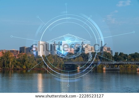Panoramic view, Washington towards Arlington financial downtown, city skyline over Potomac River. Virginia, USA. Technologies and education concept. Academic research, top ranking university, hologram