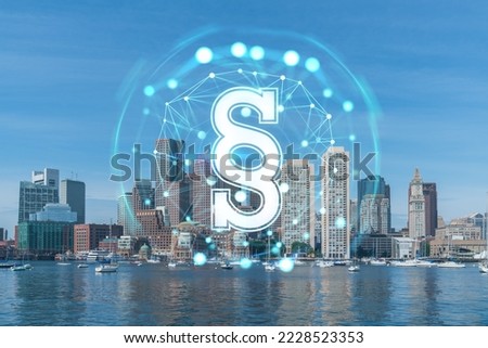 Panorama city view of Boston Harbor at day time, Massachusetts. Buildings of financial downtown. Glowing hologram legal icons. The concept of law, order, regulations and digital justice.