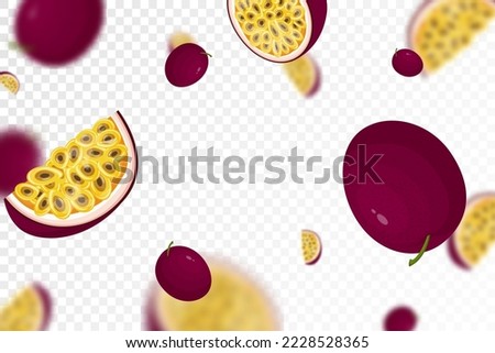 Falling juicy ripe passion fruit, isolated on transparent background. Flying whole and sliced fruits with defocused blur effect. Can be used for wallpaper, banner, poster, print. Vector flat design Royalty-Free Stock Photo #2228528365