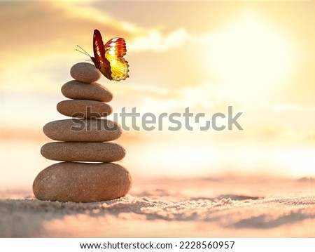 Balanced pebble pyramid and butterfly on the beach. Abstract warm sunset bokeh with sand on the background. Zen stones on the sea beach, balance concept.