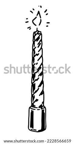 Twisted candle with burning flame light. Doodle of cozy spiral wax stick with burning wick. Hand drawn vector illustration. Single outline clip art isolated on white.