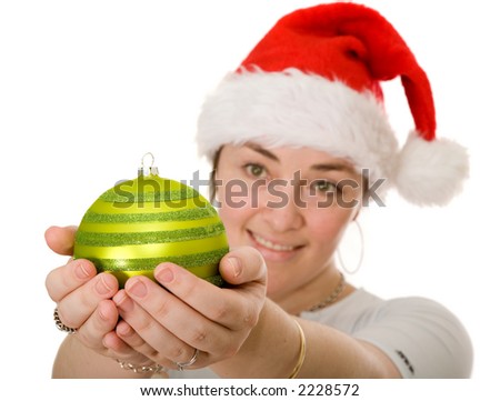 beautiful santa holding a christmas bauble over white