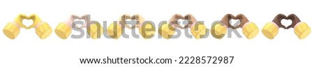 Cartoon light skin tone hand with gold sleeves showing gesture heart isolated on blue background, 3D rendering

