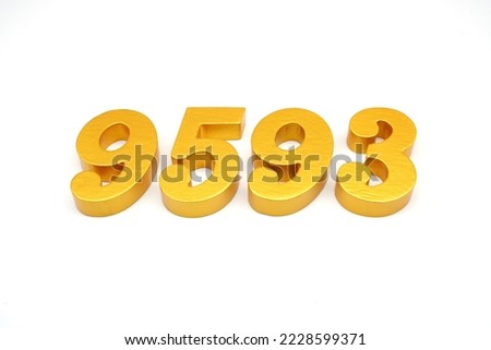   Number 9593 is made of gold-painted teak, 1 centimeter thick, placed on a white background to visualize it in 3D.                               
