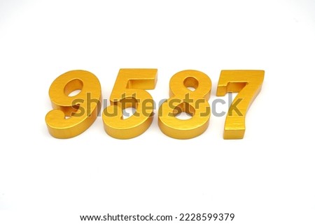    Number 9587 is made of gold-painted teak, 1 centimeter thick, placed on a white background to visualize it in 3D.                              