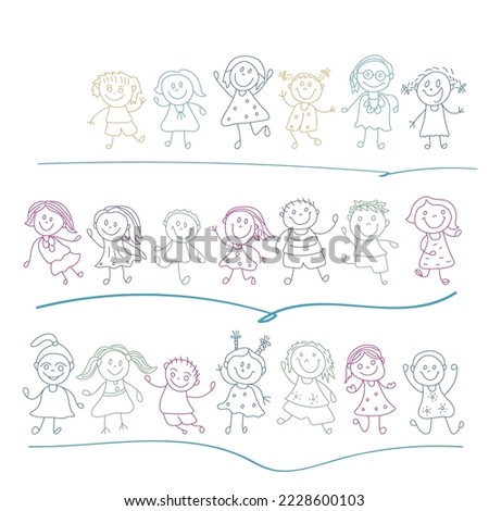 Happy and lovely kids or little children doodle sketches set with different poses