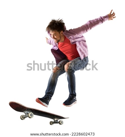 Skateboarder doing a jumping trick. Extreme sports concept isolated on white background