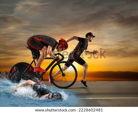 Triathlon sport collage. Man running, swimming, biking for competition race on road background
