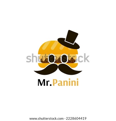 Mr Panini logo for fast food brand or delivery company with character face, mascot for sandwich cafe in cartoon style, suitable for restaurant