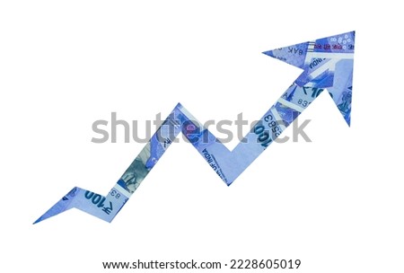 Upward arrow with rupee  note engraved inside arrow. Stock Market upward direction, Currency up, Rupee up, inflamation up Royalty-Free Stock Photo #2228605019