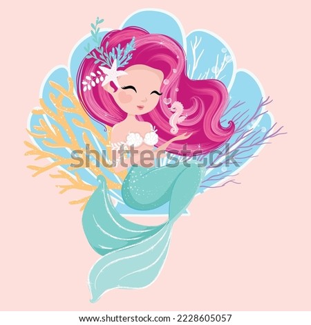 Cute mermaid vector illustration, Illustration for kids fashion artworks, children books, greeting cards, t-shirt prints, wallpapers. Royalty-Free Stock Photo #2228605057