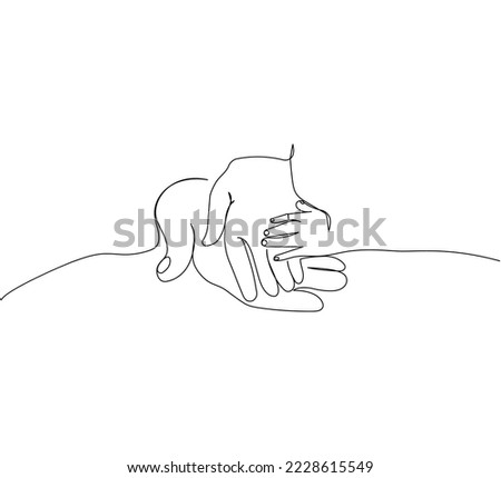 Father, mother and child hands, family unity one line art. Continuous line drawing of motherhood, family, love, child, mother s day, handshake, tenderness.