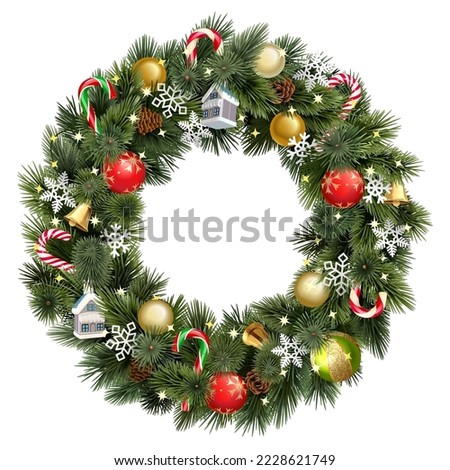 Vector Christmas Pine Fluffy Wreath with Christmas Decorations isolated on white background Royalty-Free Stock Photo #2228621749