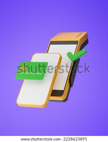 
Icons of credit card with chip, POS terminal with smartphone with green check mark on screen. Cashless society concept. Digital transfer of money. 3d render illustration. Clipping path included.