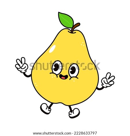 Cute funny pear jumping character. Vector hand drawn traditional cartoon vintage, retro, kawaii character illustration icon. Isolated on white background. Pear character concept