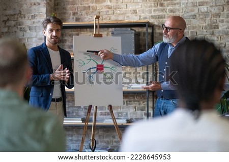 Creative work team discussing a website tree pointing to a mind map with site content tree on a whiteboard - businesspeople brainstorming and community teamwork lifestyle concept Royalty-Free Stock Photo #2228645953