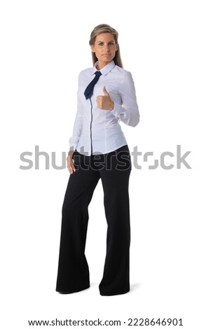 Full length portrait of business woman showing thumbs up gesture studio isolated on white background, business people