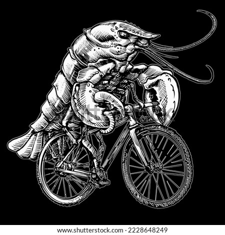 lobster on bike sketch black and white t-shirt print vector