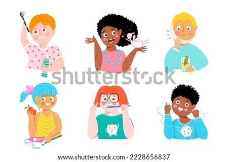 Dental care kids collection. Cute children brushing teeth, wearing braces and edentulous smiling. Oral health education clip art.